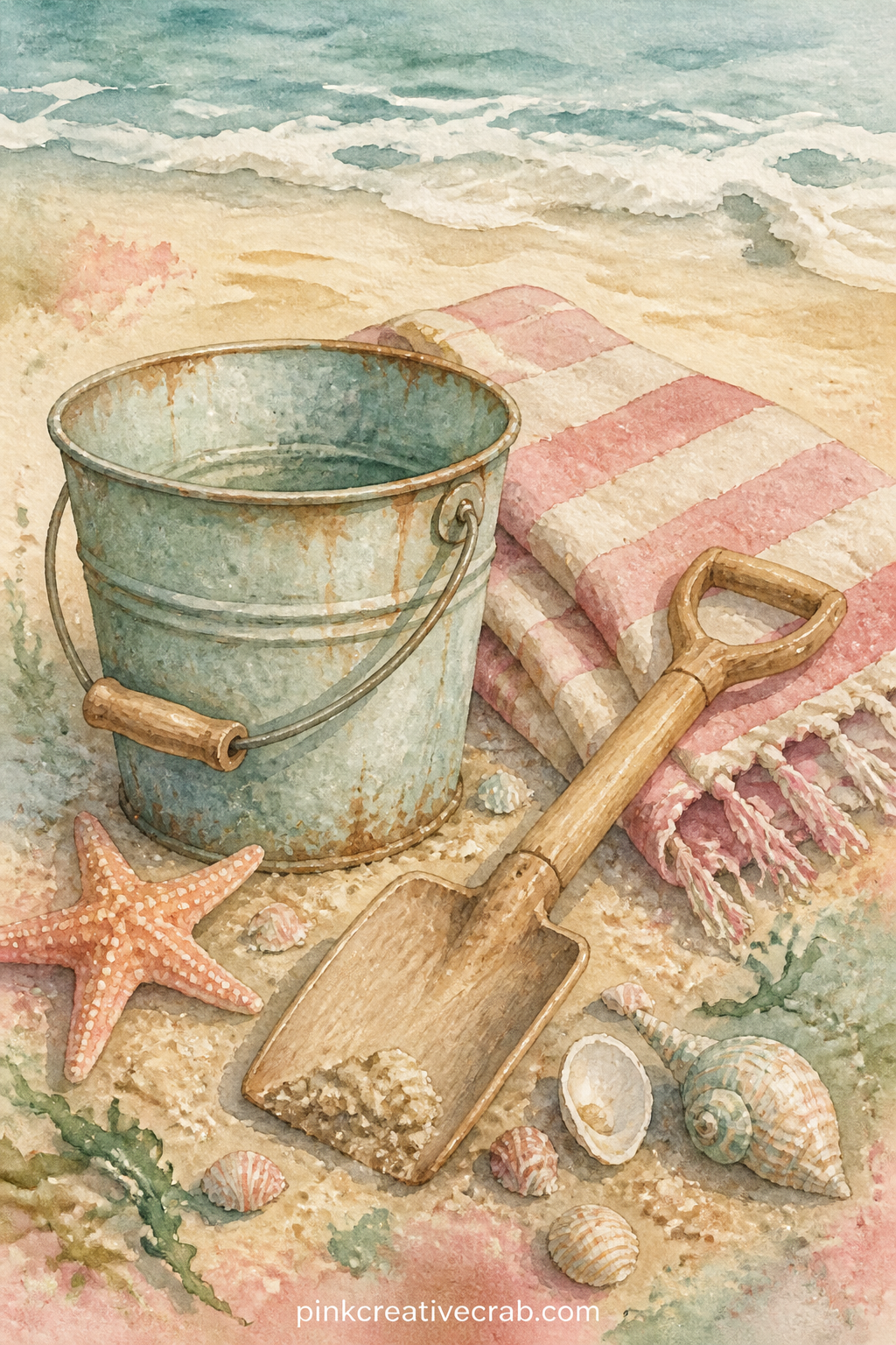 Bucket And Spade Still Life printable page — This is the five-minute version of a beach page: one bucket, one spade, a scatter of shells, nothing more to paint