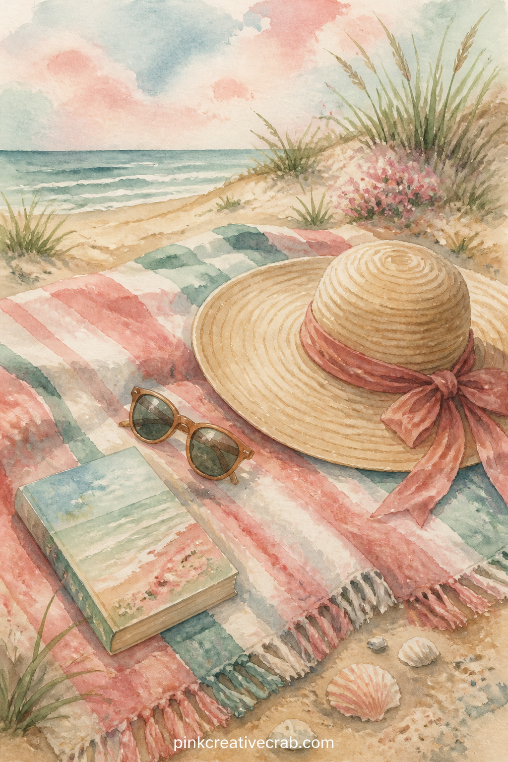 Beach Towel And Sun Hat printable page — Write a short answer to this on the towel's edge: what time did the sun actually feel too hot today. Beach junk journal