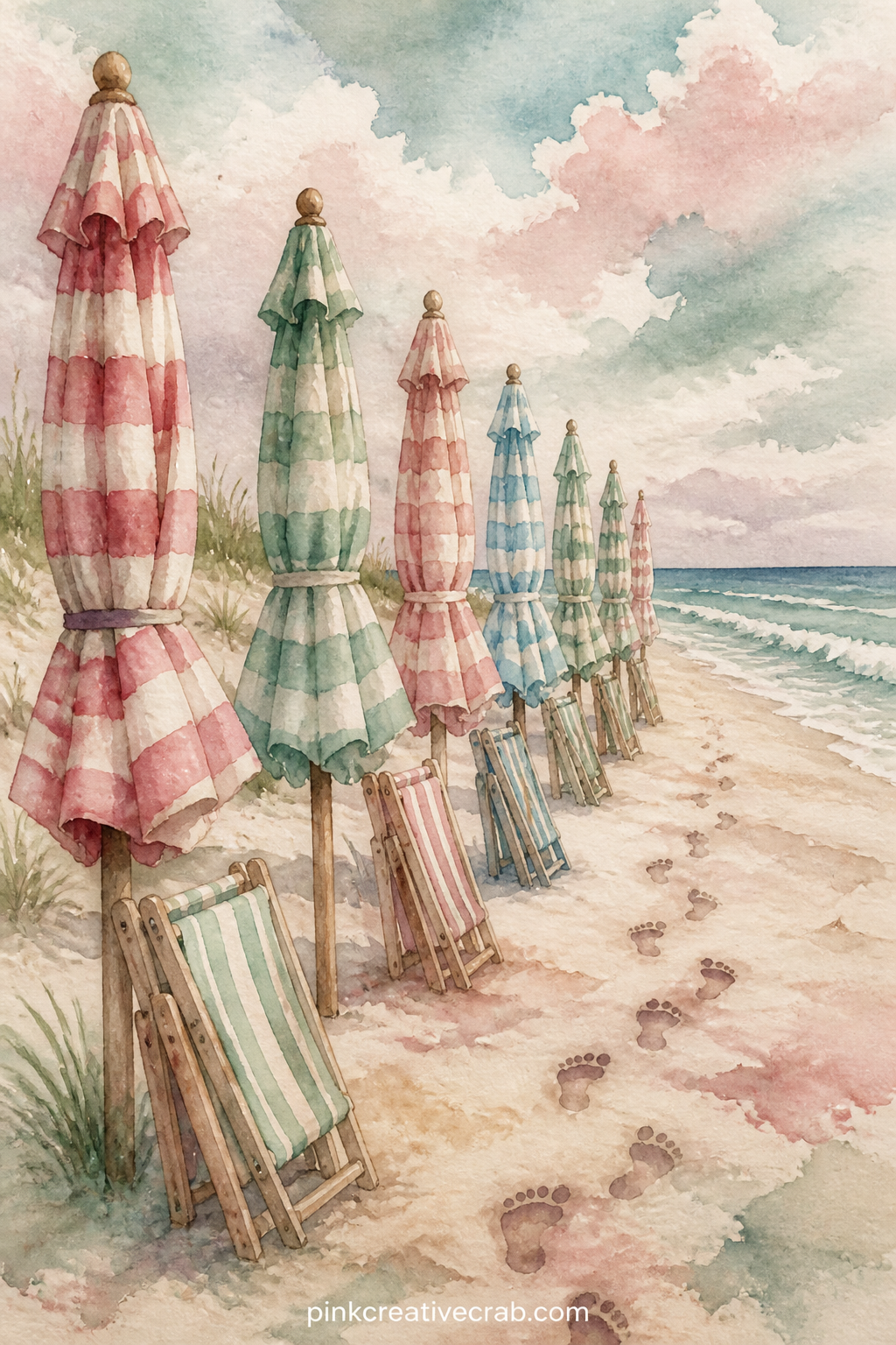 Row Of Striped Umbrellas printable page — Several striped umbrellas lean at slightly different angles along the sand, with folded chairs and a line of