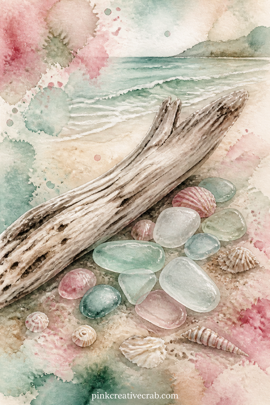Driftwood And Sea Glass printable page — Place this page across from the lined writing page with the shell border later in the set, and let the found objects