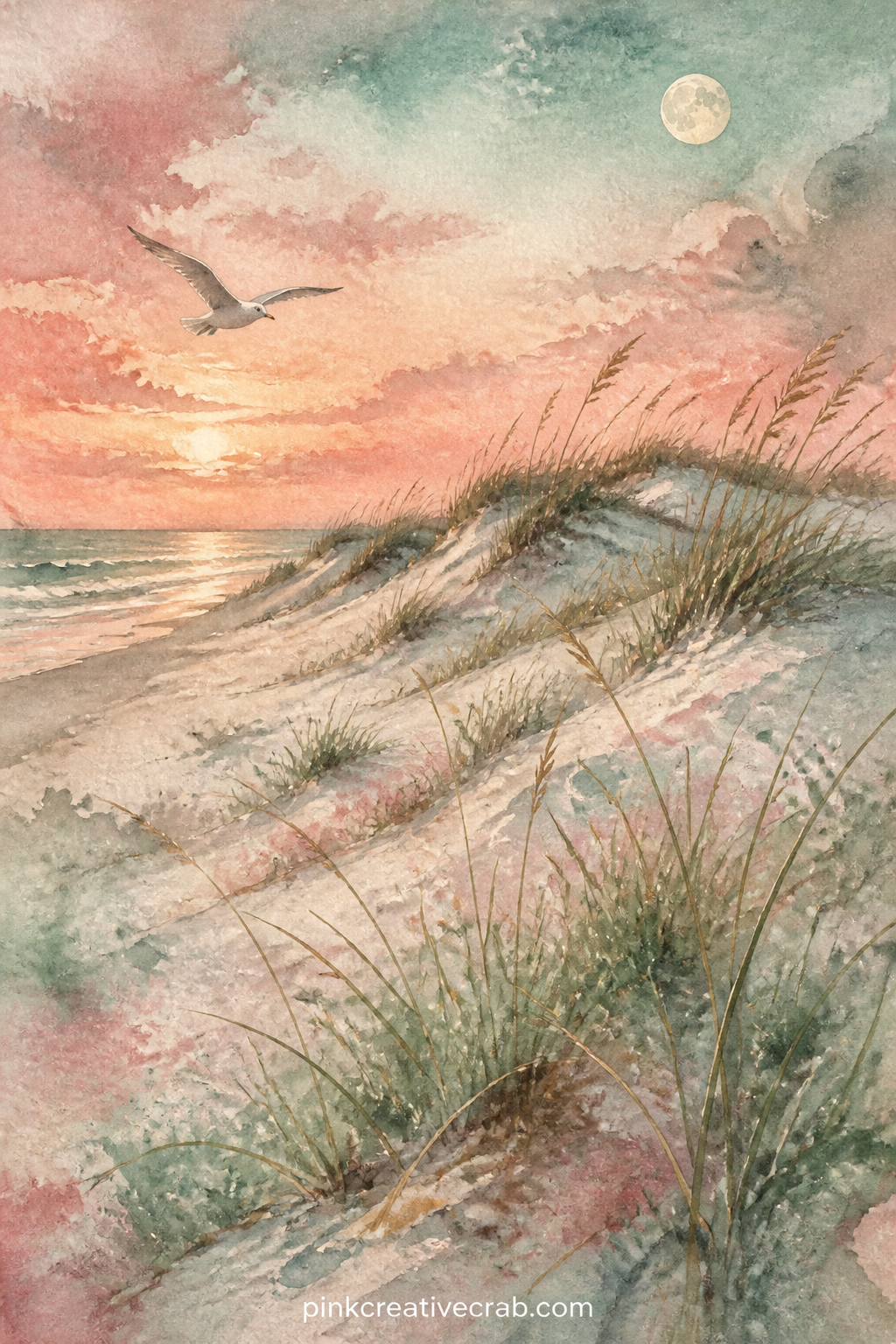 Row Of Sand Dunes At Dusk printable page — Soft dunes roll toward a dimming sky, with a few tufts of beach grass bending in the wind and one gull crossing low