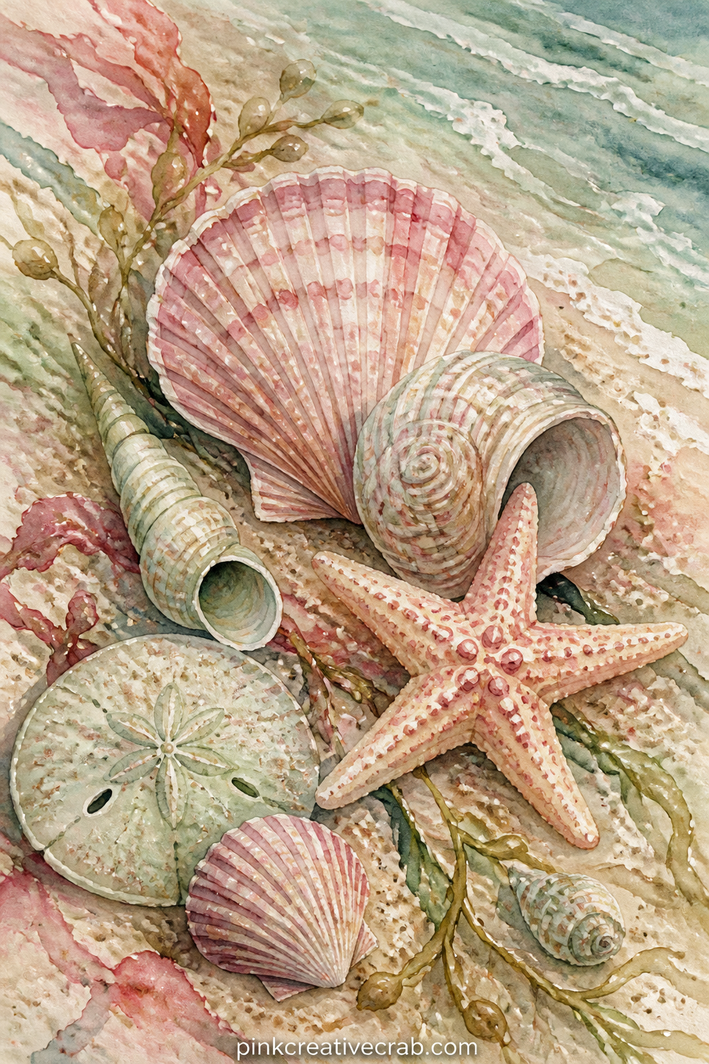 Seashells And Starfish Still Life printable page — Several shells and a small starfish rest together on pale sand, chosen to show different shapes side by side