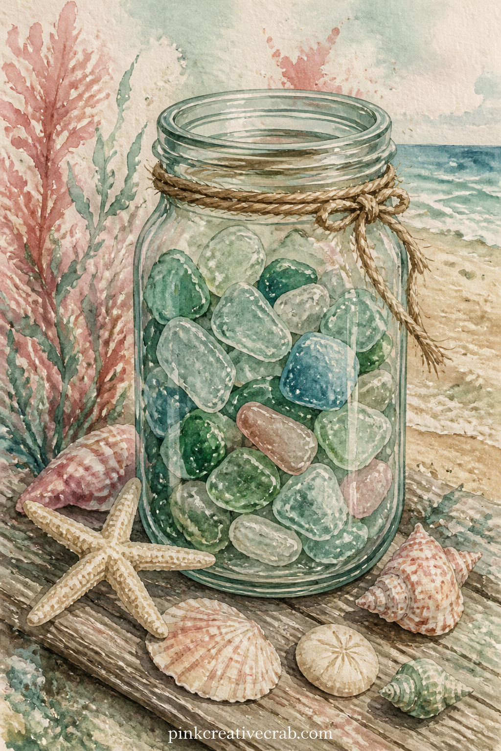Jar Of Beach Glass printable page — Glue a small tide chart or ferry ticket beside the jar before this page goes in, since the whole point of the page is