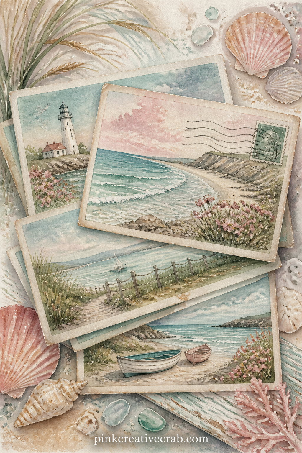 Collection Of Postcards From The Coast printable page — Three or four painted postcards overlap slightly, each showing a different coastal view, with a stamp