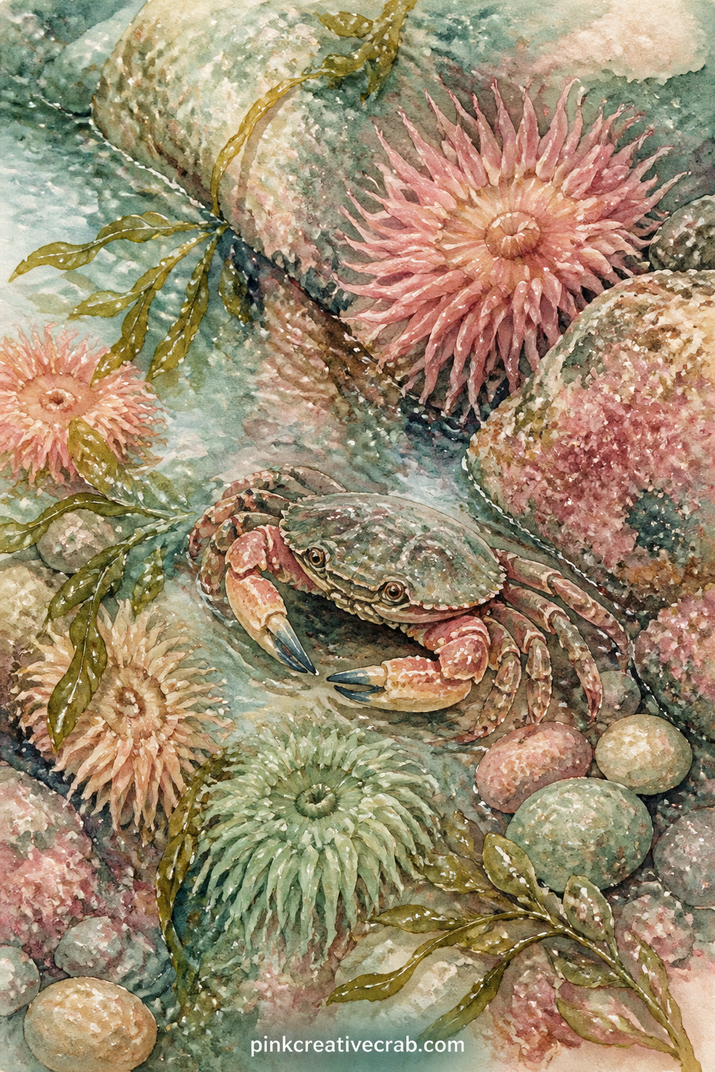Crab Among The Rock Pools printable page — A small crab sits among shallow rock pools, with anemones, trailing seaweed and a few pebbles catching the light