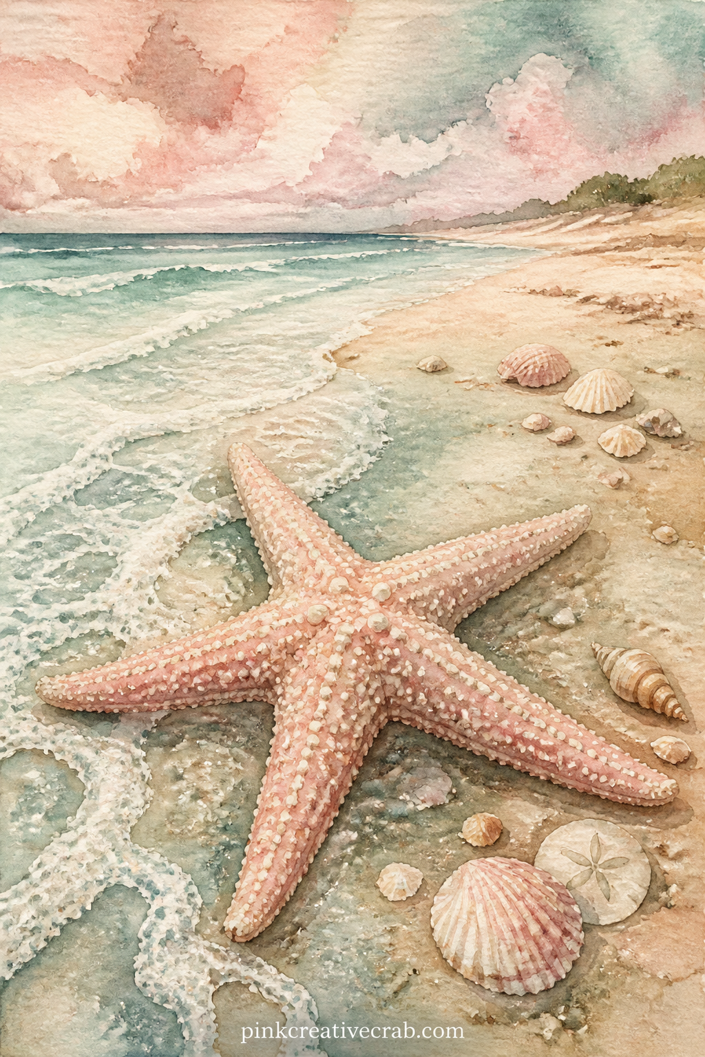Starfish Washed Ashore printable page — One large starfish lies on wet sand at the tideline, twenty five to thirty five words is all this page needs since the