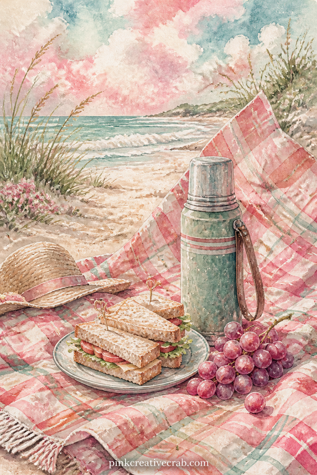 Seaside Picnic Spread printable page — A checked blanket holds a simple seaside picnic, sandwiches, a thermos and a bunch of grapes, with a corner of the
