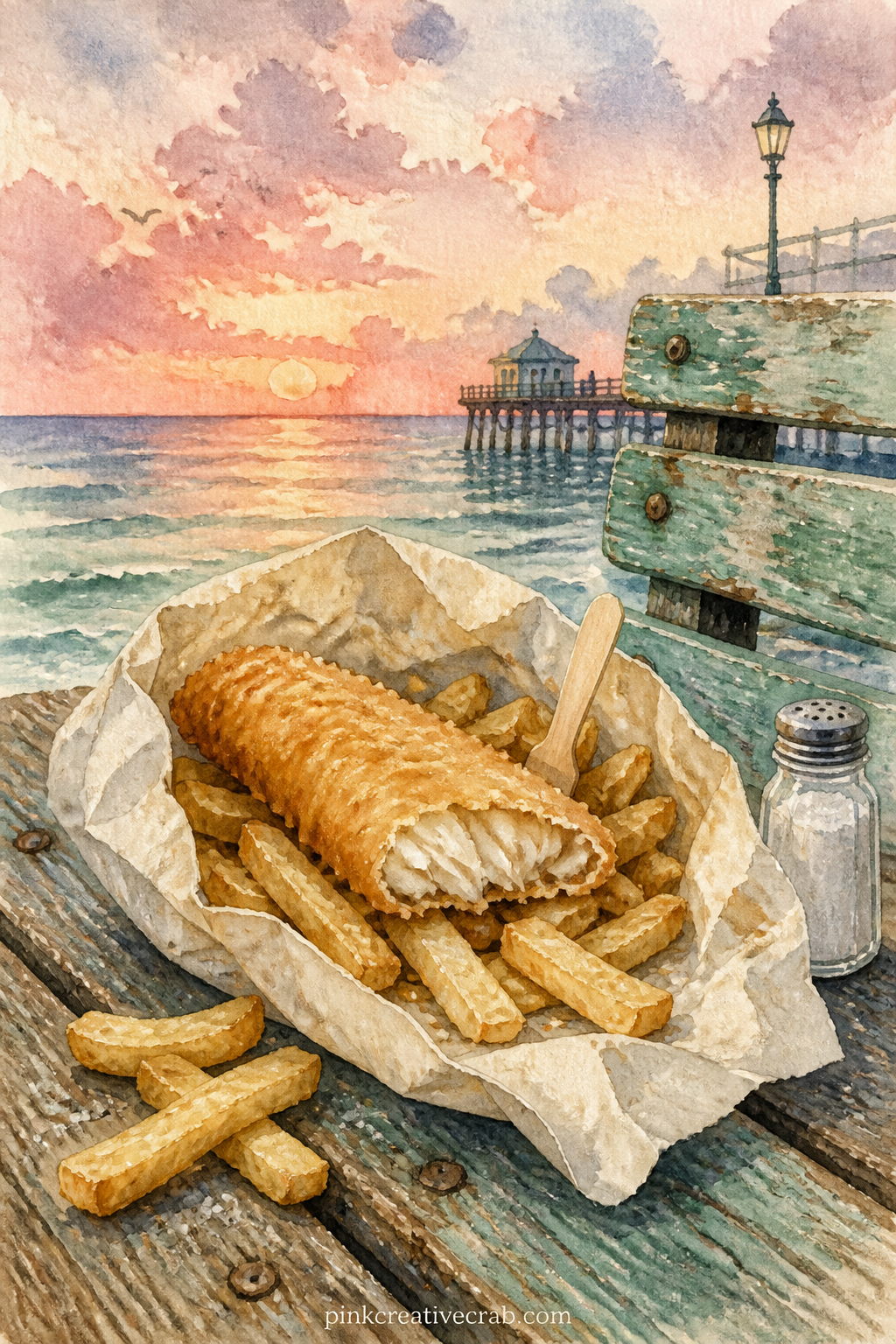 Fish And Chips On The Pier printable page — Write the name of the little shop that sold it, if you remember, right along the paper wrapper. Beach junk journal