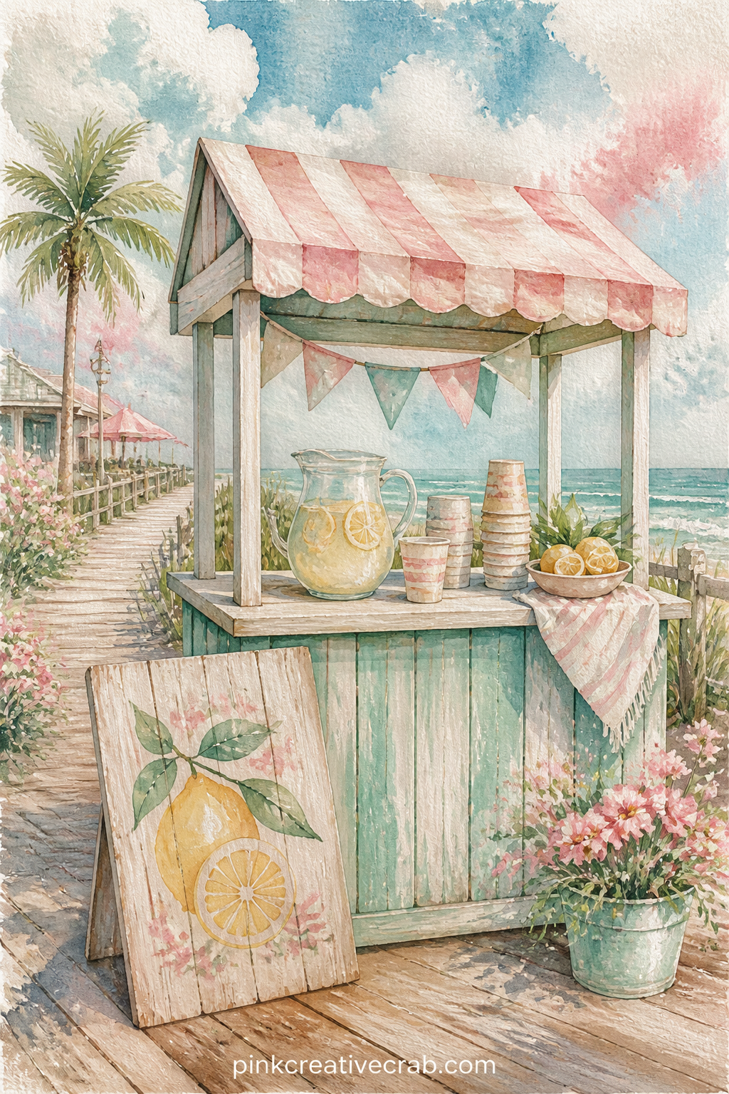 Lemonade Stand By The Boardwalk printable page — A small hand painted lemonade stand sits along the boardwalk, with a pitcher, a stack of paper cups and a hand