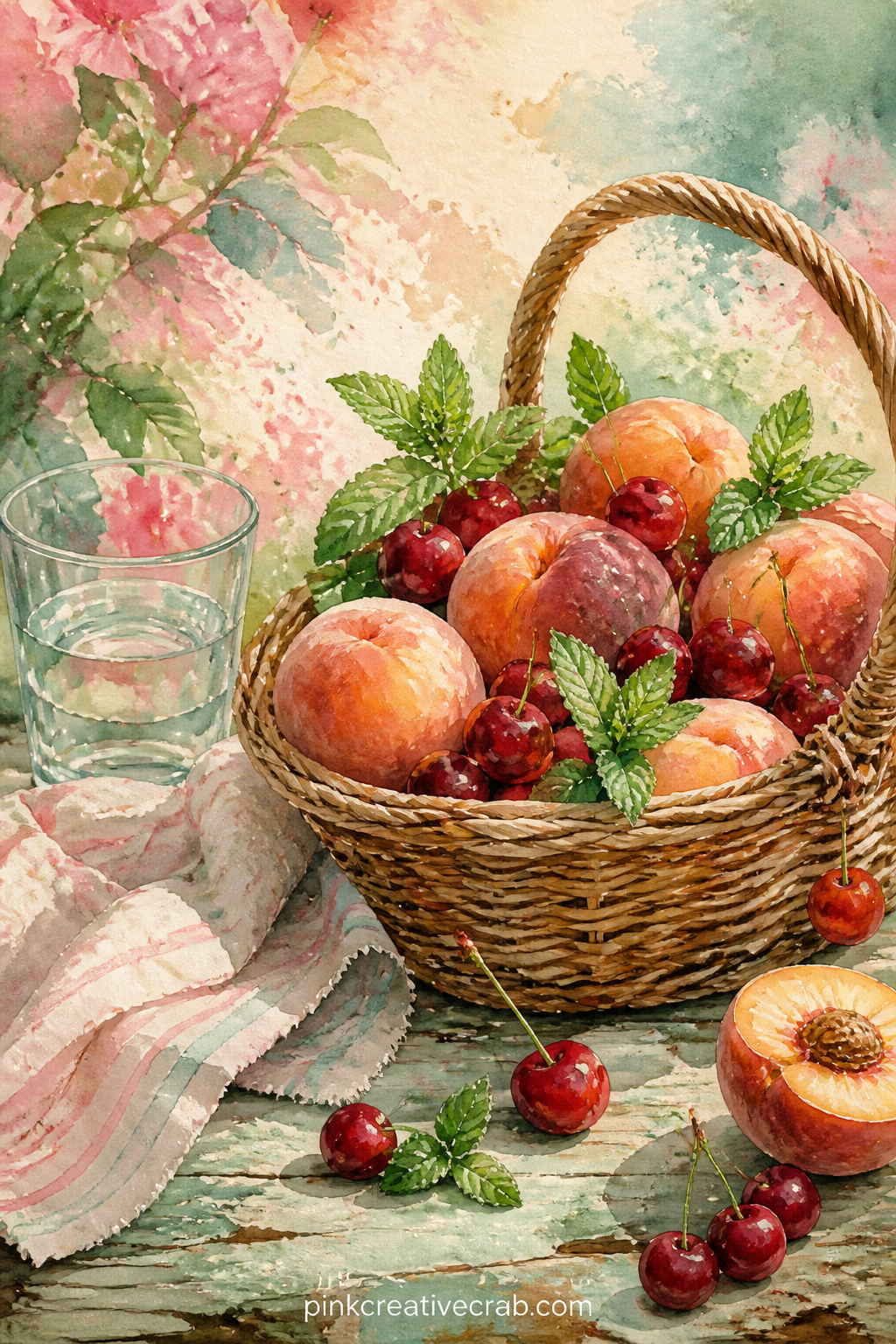 Basket Of Summer Fruit printable page — A woven basket overflows with peaches, cherries and a few sprigs of mint, set on a weathered wooden table with a folded