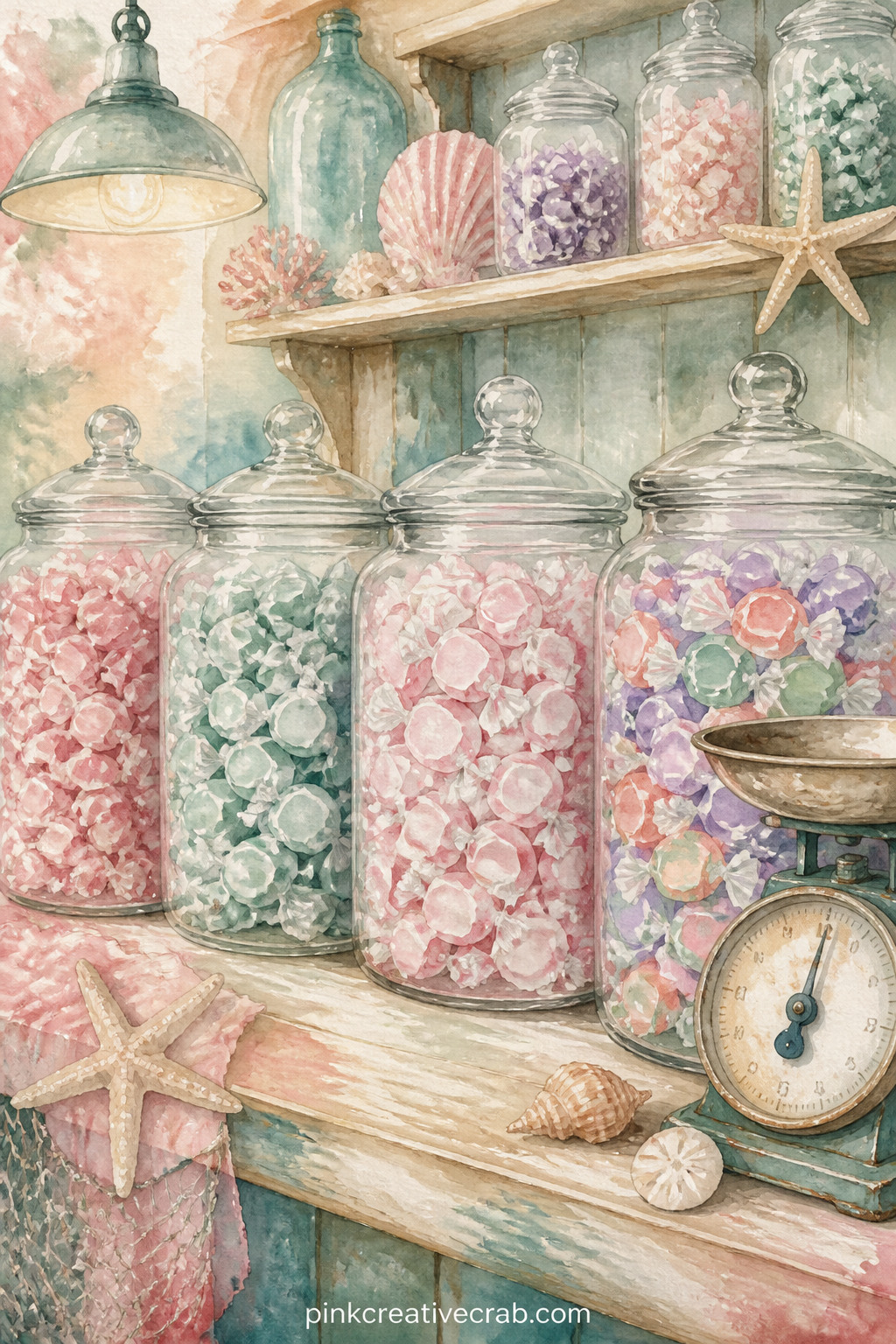 Saltwater Taffy Jars printable page — Rows of glass jars hold twists of saltwater taffy in soft pastel wrappers, lined up on a shop counter with a small