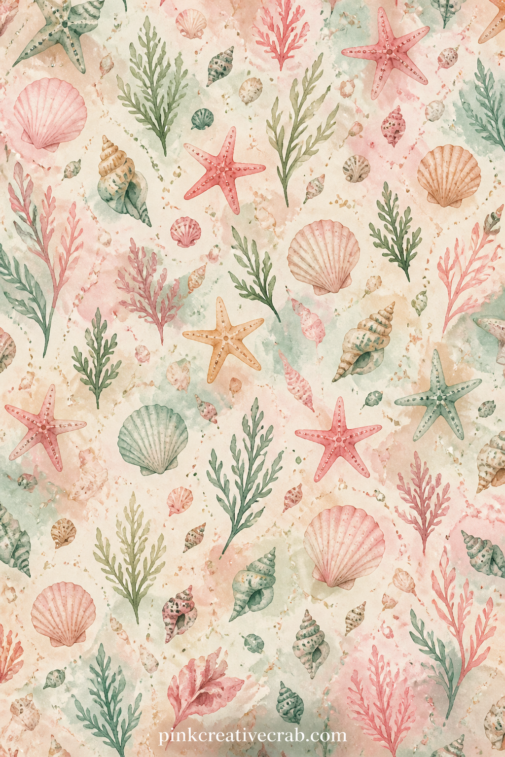 Shells And Starfish Pattern printable page — Small shells, starfish and sprigs of seaweed repeat edge to edge in the set's dusty rose and sand tones, good as a