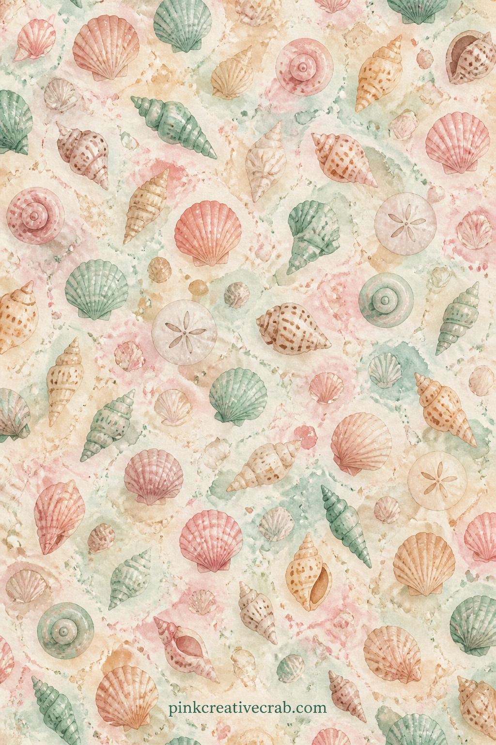 Scattered Seashells Background Paper printable page — Loose scattered shells of several shapes cover the page at an even scale, well suited as a backing behind