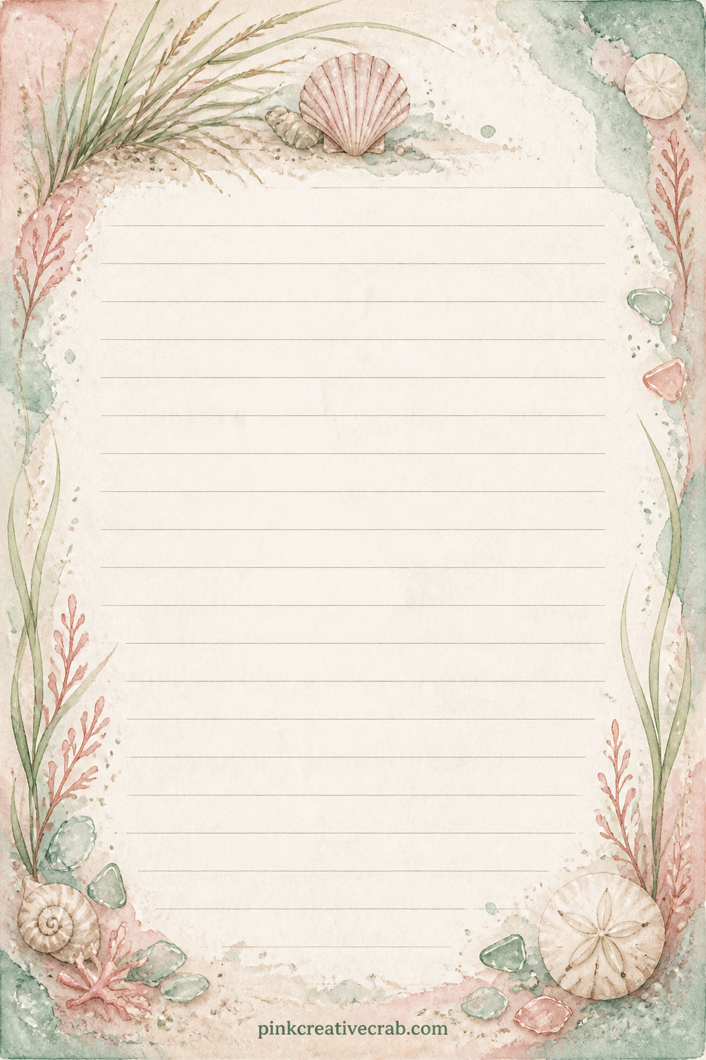 Seaside Memories Lined Page printable page — A corner spray of beach grass and a single shell border the top of this page, room enough below for a short list