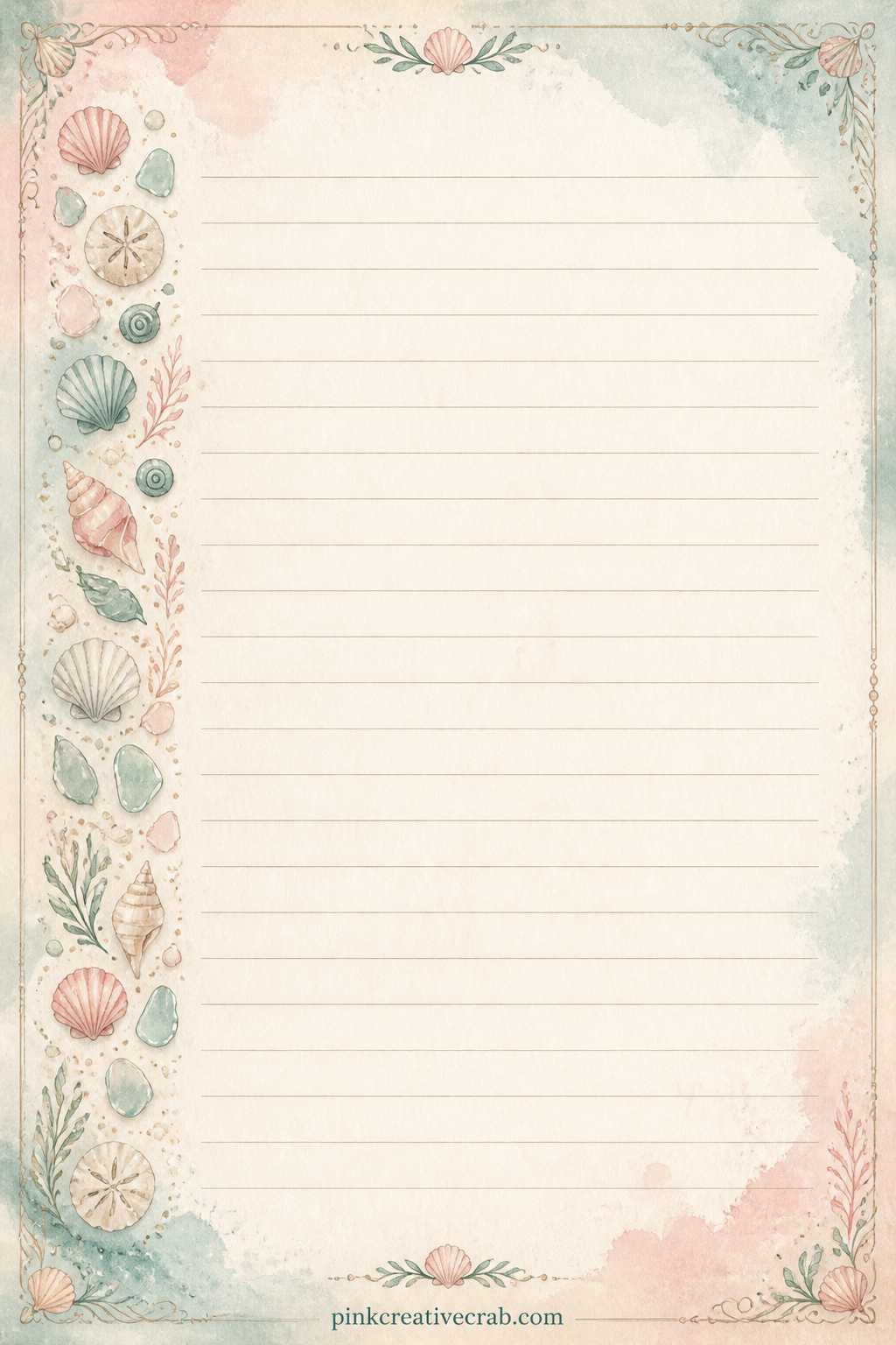 Letter To Next Summer Lined Page printable page — A thin band of scattered shells runs down one side, leaving the rest open for a short letter to next year