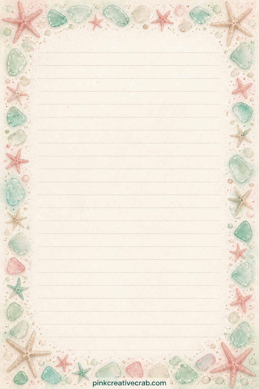 Beach Day Packing List Lined Page printable page — A frame of tiny starfish and sea glass borders this page, suited to a packing list for the cooler, the