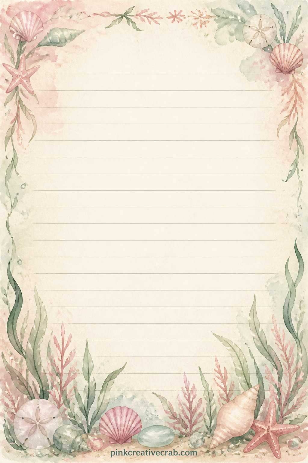 Seaside Menu Lined Page printable page — A soft border of seaweed fronds curls along the bottom edge, leaving the page open for the day's seaside menu, ice