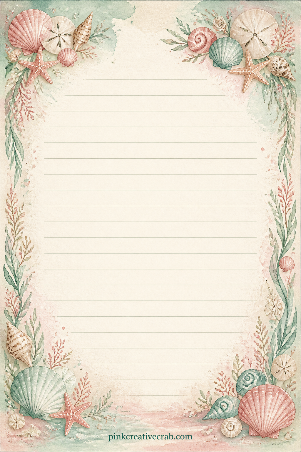 Gift From The Sea Lined Page printable page — A delicate garland of small shells and starfish wraps the top corners, room below for a short note on what the