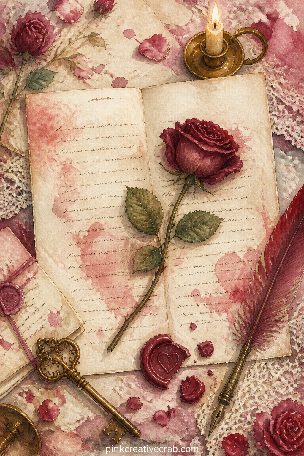 Open Letter With Pressed Rose printable page — Pair this page with the hearts and keys pattern later in the set: use that background as a frame strip along one