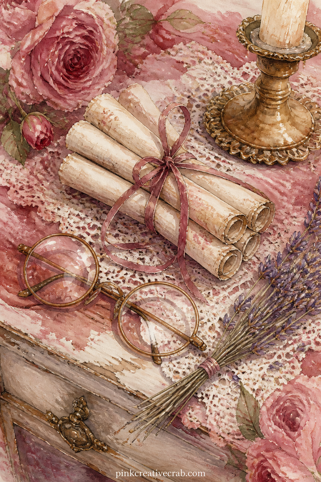 Bundle Of Ribbon Tied Notes printable page — Small paper notes rolled and tied with thin ribbon sit beside a pair of old spectacles and a dried sprig of