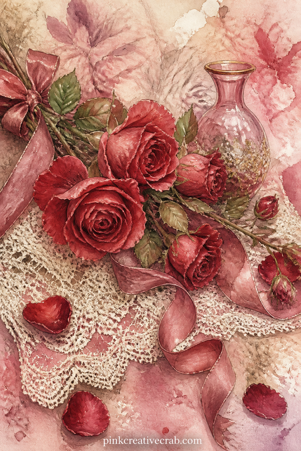 Red Roses On Lace printable page — A loose bouquet of deep red roses rests across a strip of antique lace, with scattered petals, a trailing ribbon and a small
