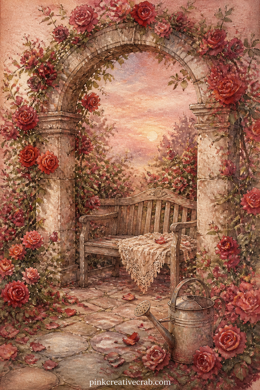 Rose Garden Archway printable page — Climbing roses curl over a stone archway with a wooden bench tucked beneath it, a fallen petal trail on the path and a