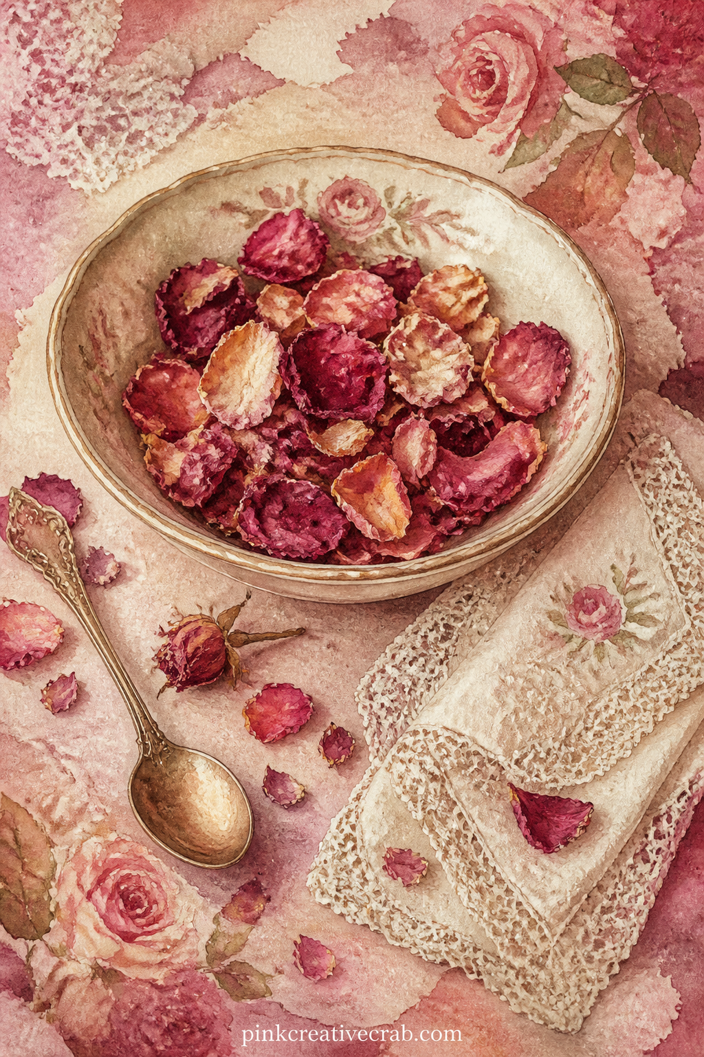 Rose Petals In A Bowl printable page — Dried rose petals fill a shallow ceramic bowl, with a small spoon, a folded handkerchief and a thin trail of loose