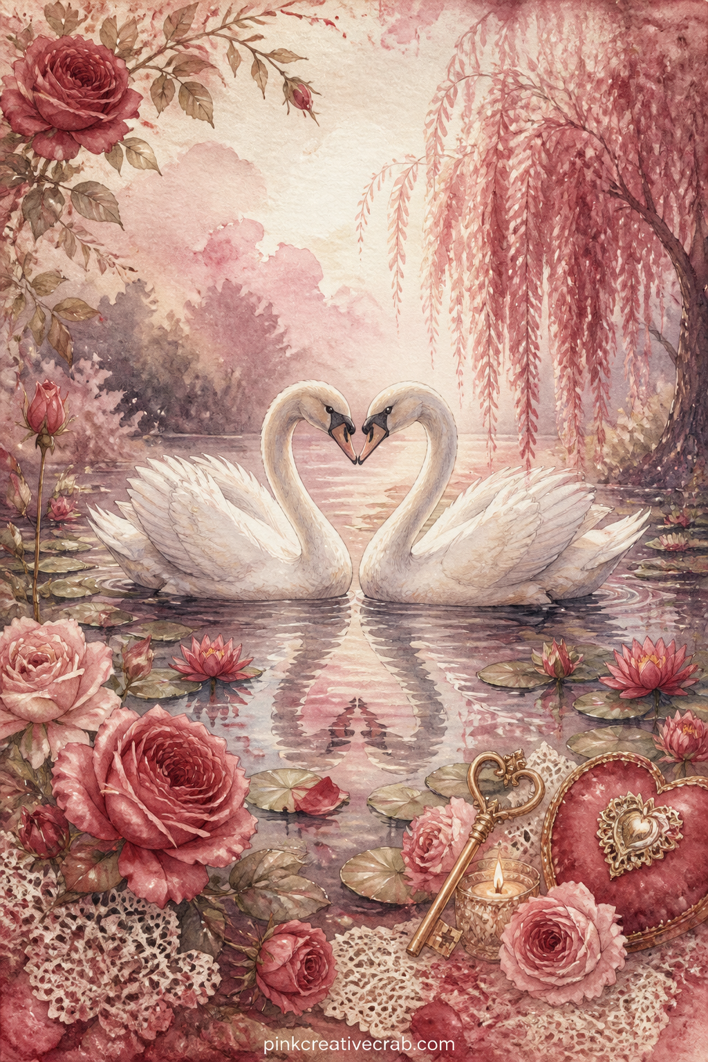 Two Swans On A Heart Pond printable page — Two swans curve their necks together on still water, their shapes forming a heart, with lily pads, a weeping willow