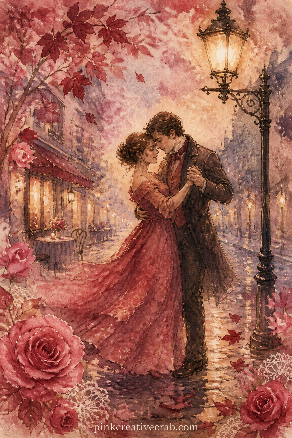 Dancing Under A Streetlamp printable page — Picture a couple mid-step beneath a glowing lamp on a quiet cobbled street, then this page only needs one line from