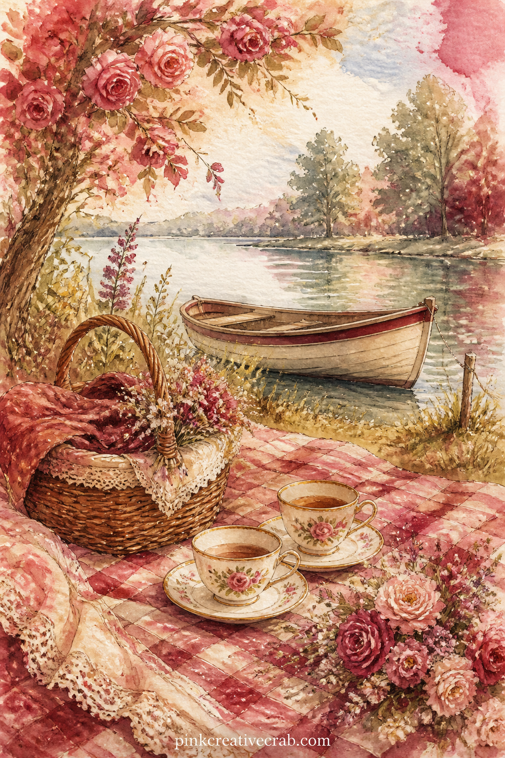 Picnic By The Lake printable page — A checkered blanket holds a basket, two teacups and a small bunch of wildflowers, with a rowboat drifting on the lake