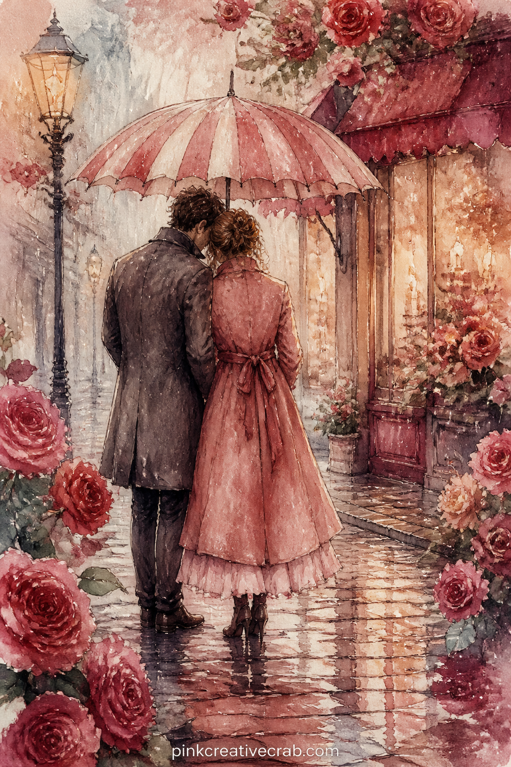 Umbrella In The Rain printable page — Two figures shelter under one striped umbrella on a rainy street corner, their shoes catching puddle reflections, while