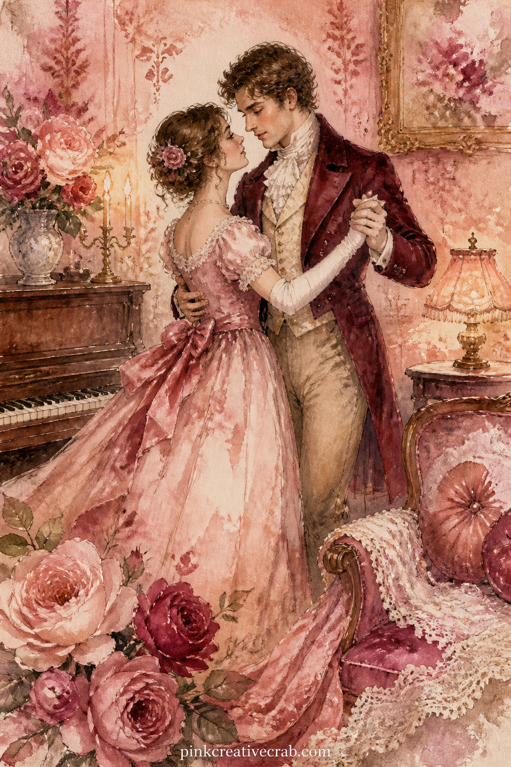 First Dance In The Parlor printable page — This spread works best next to the lace tablecloth pattern later in the set: use that paper as the floor beneath