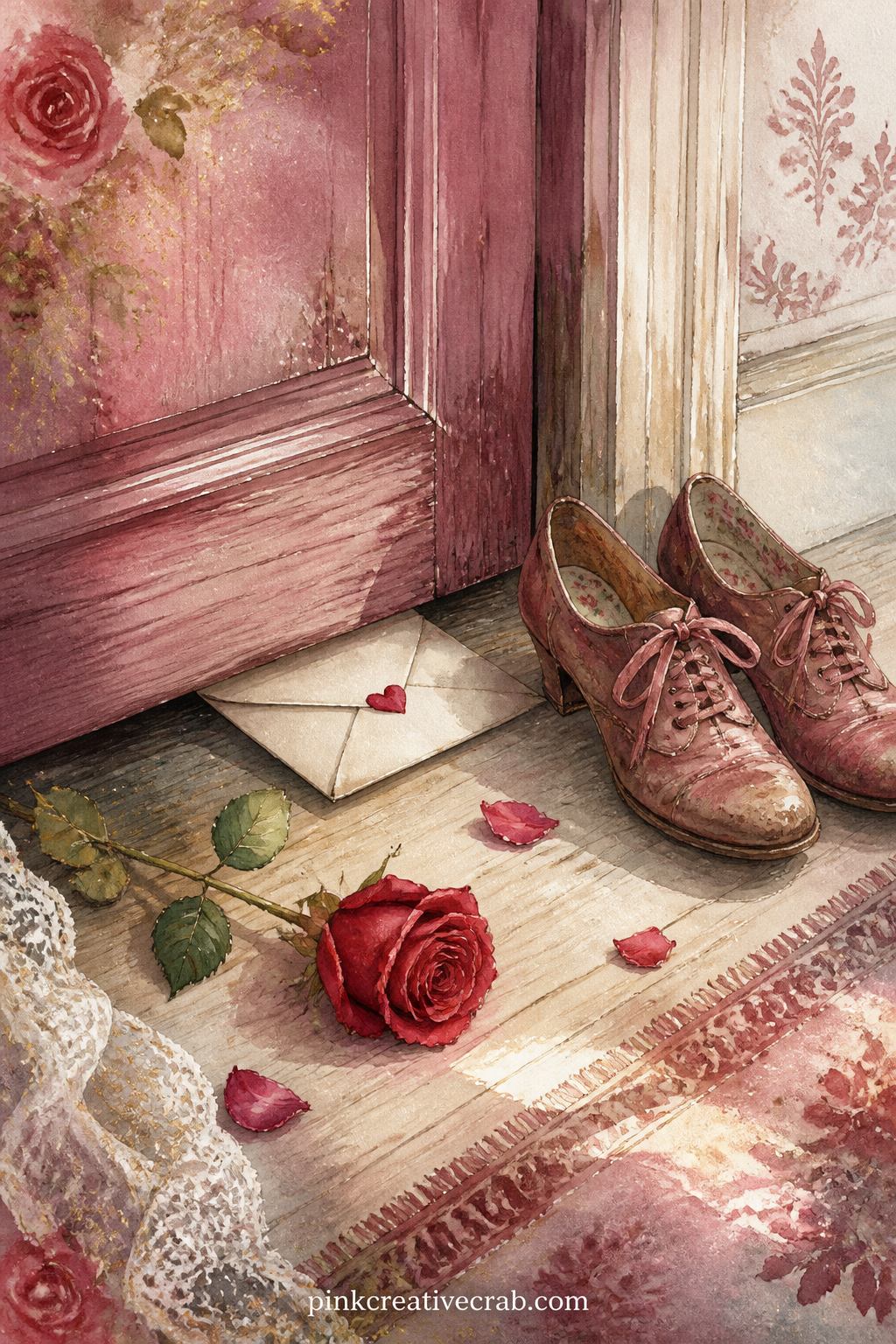 Love Note Passed Under A Door printable page — A folded love note slides under a wooden door, with a single rose laid beside it and a pair of worn shoes