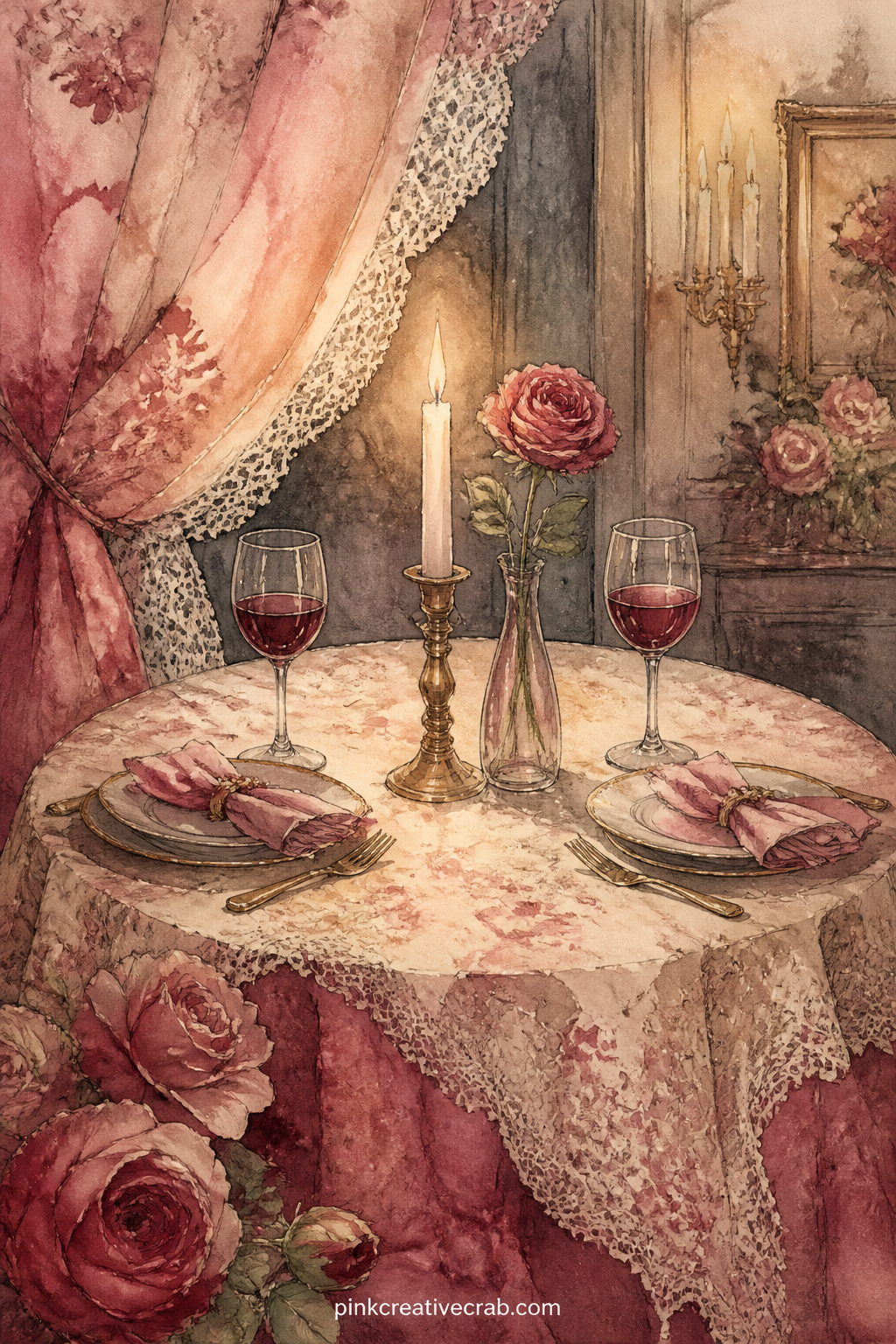 Candlelit Dinner For Two printable page — A small round table is set for two with a candle, two wine glasses and a single rose in a narrow vase, a folded