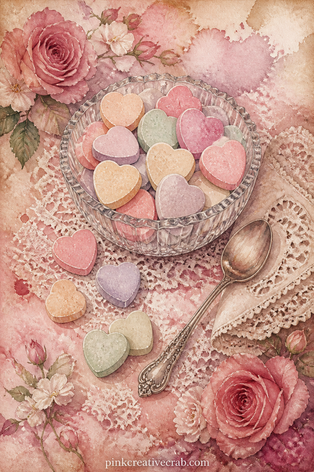 Conversation Hearts In A Dish printable page — A small glass dish is heaped with pastel conversation hearts, a few spilling onto the lace tablecloth beside it