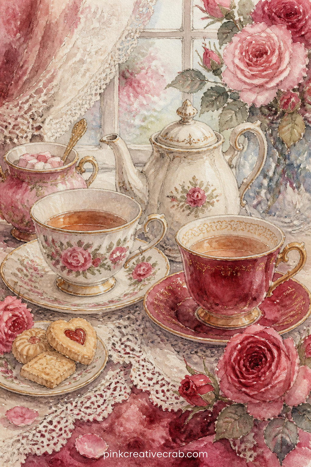 Teacups For Two printable page — Two mismatched teacups sit on saucers with a small teapot between them, a sugar bowl and a few biscuits nearby, painted on a
