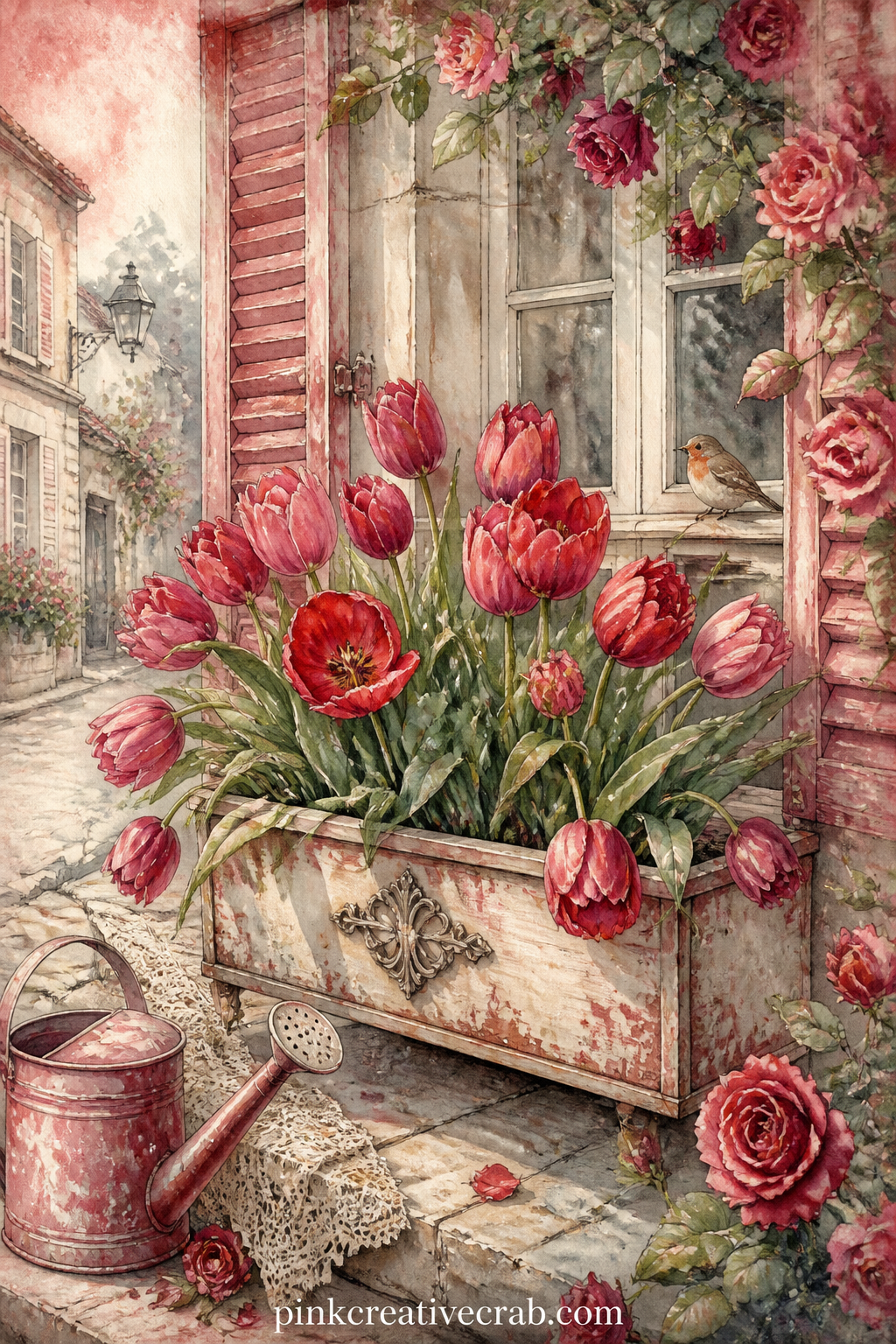 Window Box Of Red Tulips printable page — Red and pink tulips fill a weathered window box outside a shuttered cottage window, with a watering can and a small