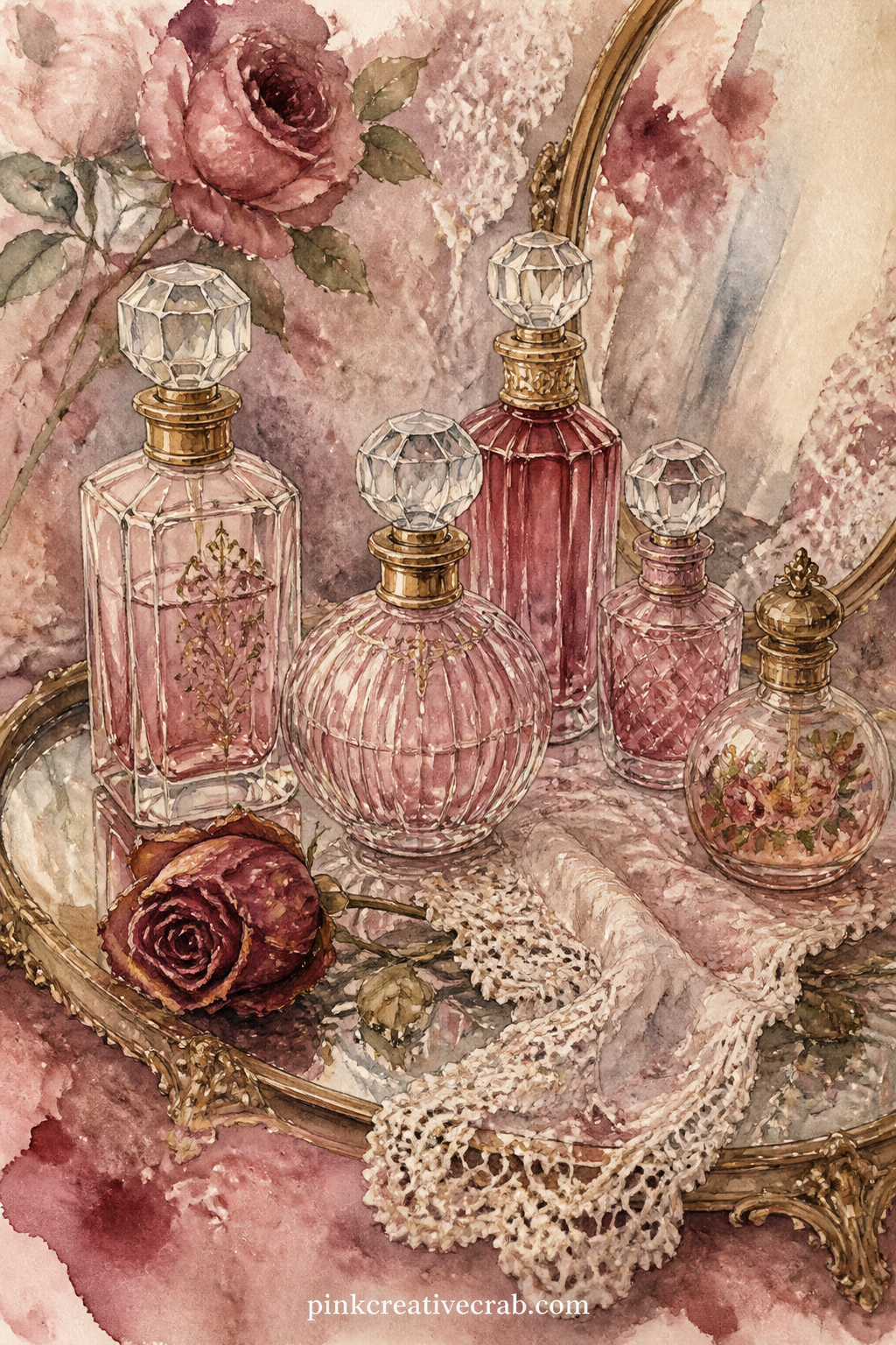 Vintage Perfume Bottles printable page — A row of old glass perfume bottles stands on a mirrored tray, with a dried rose and a lace handkerchief tucked between