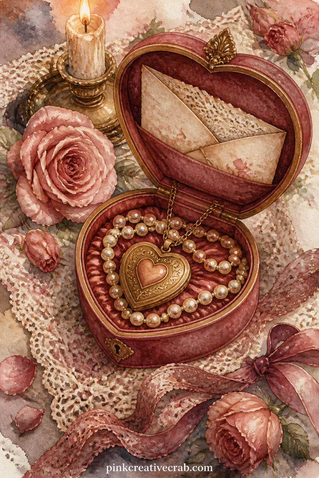 Heart Shaped Locket Box printable page — An heirloom jewelry box sits open to show a heart locket and a string of pearls, with a folded letter tucked beneath