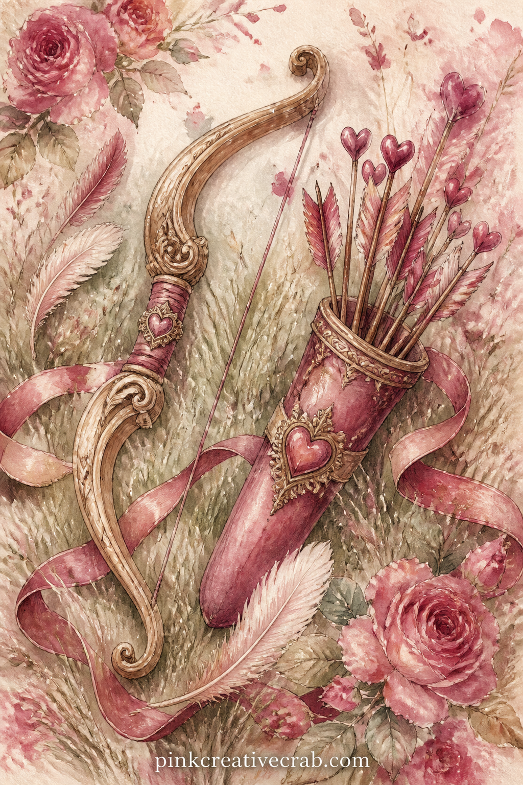 Cupid's Bow And Arrow printable page — A small carved bow rests beside a quiver of arrows tipped with tiny painted hearts, a scattering of feathers and a