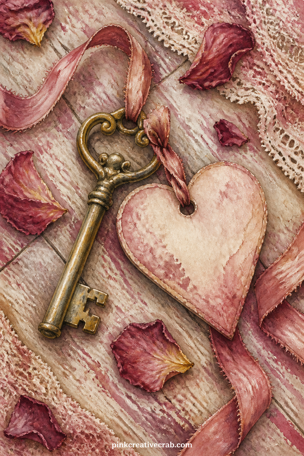 Old Skeleton Key And Heart Tag printable page — One weathered brass key lies beside a small paper tag shaped like a heart, with a faded ribbon looped through