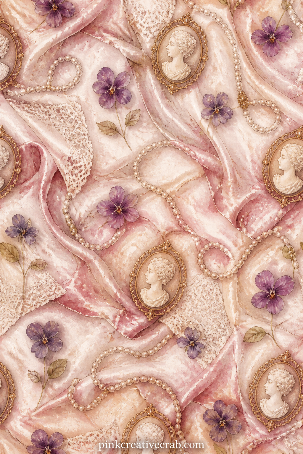 Cameo Brooch On Silk printable page — A pale cameo brooch rests on folded dusty rose silk, with a strand of pearls curled beside it and a single pressed violet