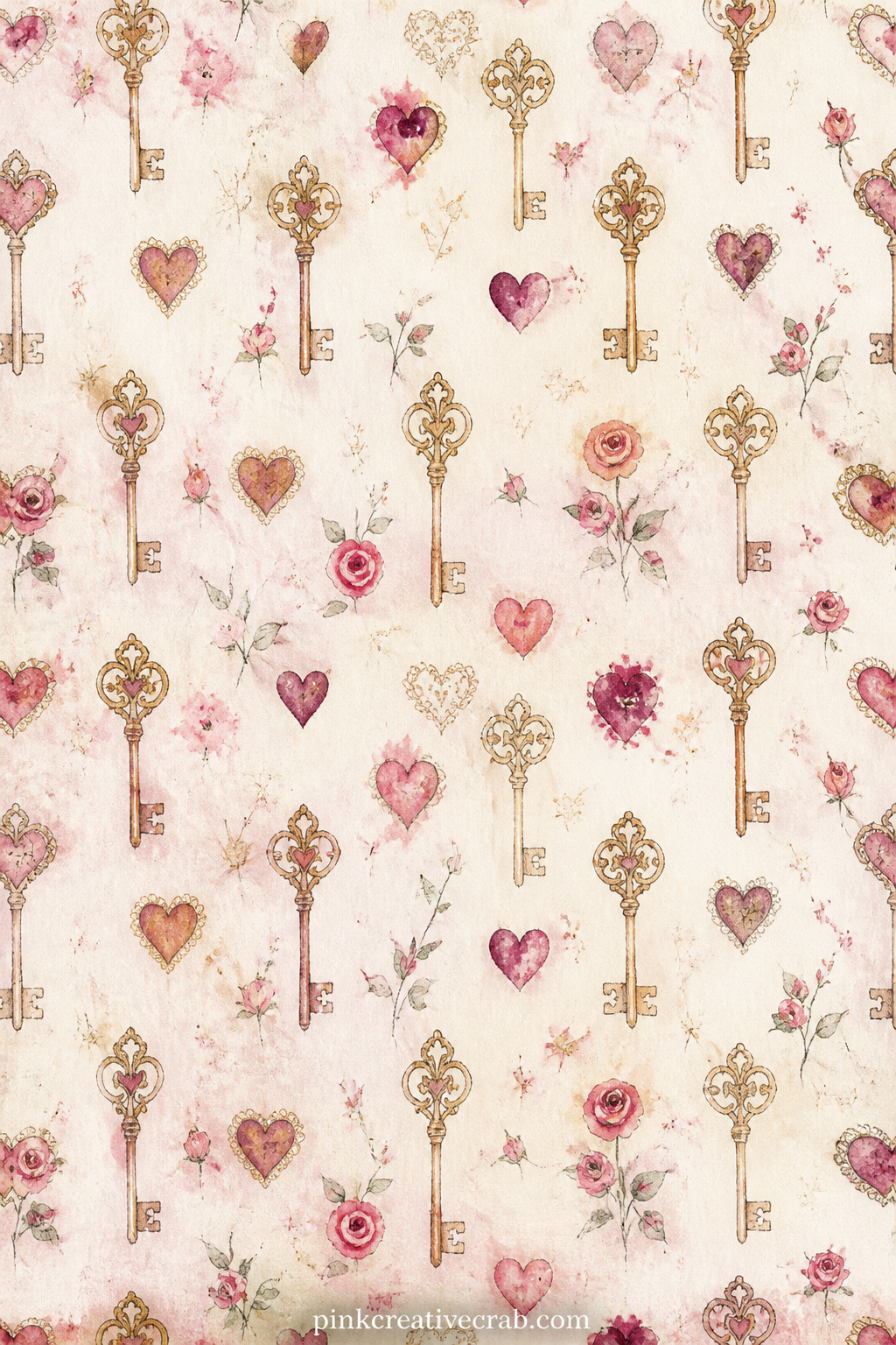 Tiny Hearts And Keys Pattern printable page — Small hearts and antique keys repeat in loose rows across the page, scaled for cutting into strips. Valentines