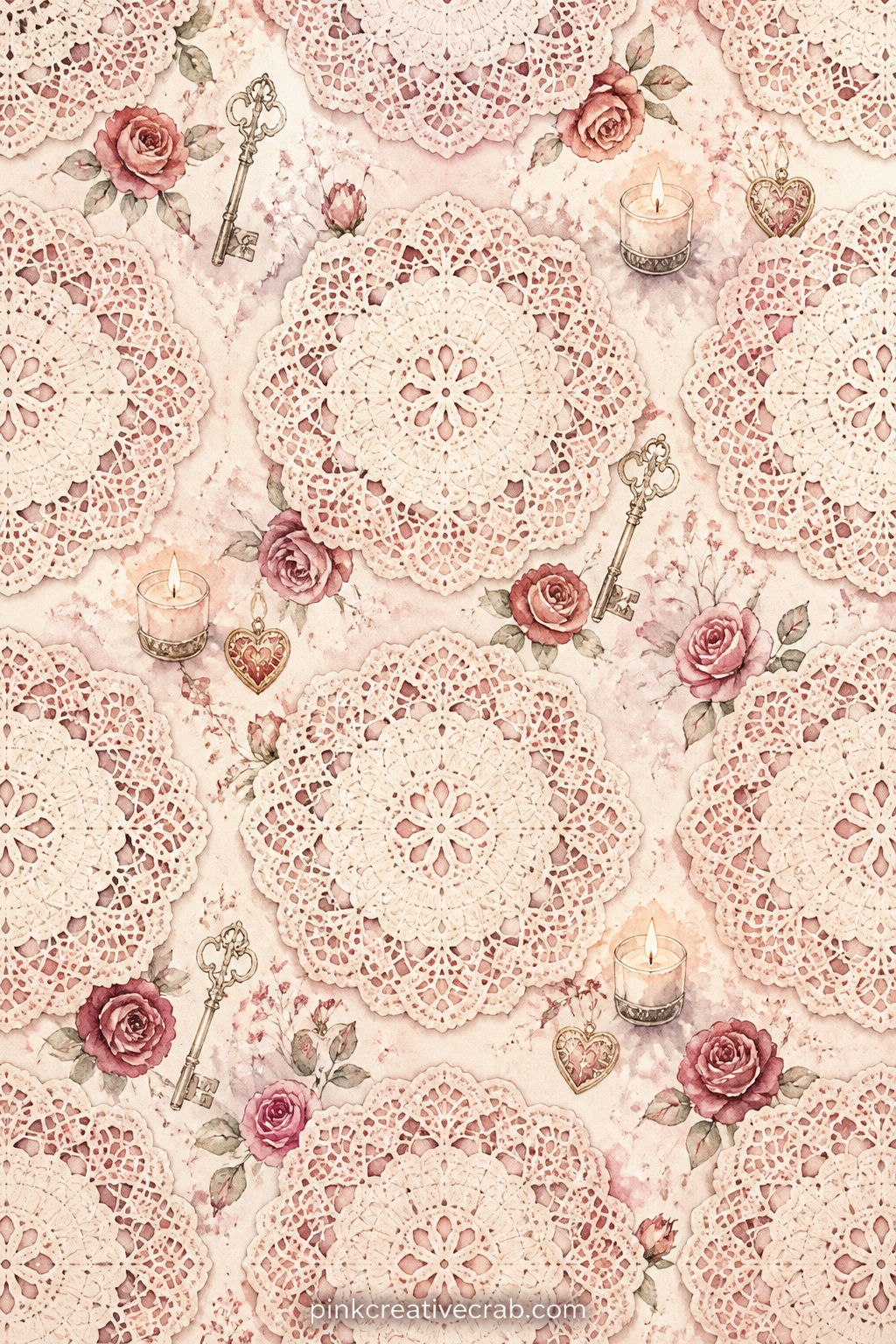 Lace Doily Pattern printable page — A fine lace doily motif repeats edge to edge in a soft, lightly textured pattern. Valentines junk journal