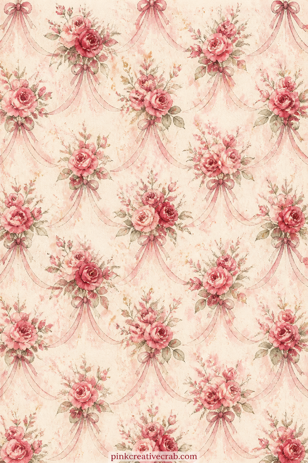 Rose Toile Pattern printable page — Small sprays of roses and ribbon loops repeat in a toile style layout across the sheet. Valentines junk journal