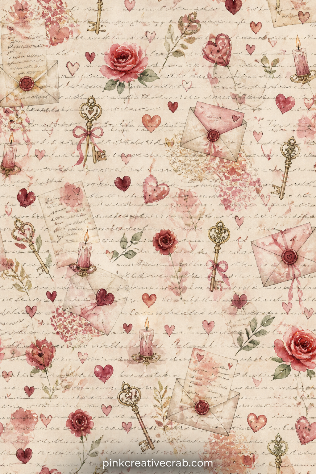 Love Letter Script Pattern printable page — Faint overlapping lines of cursive script run across the page like layered old letters, with tiny hearts scattered