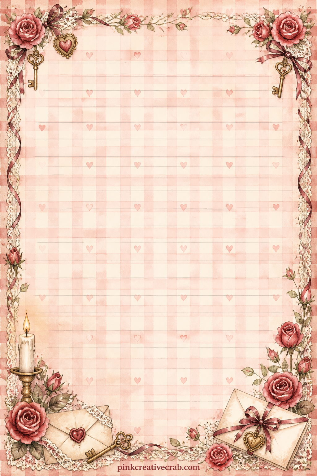 Gingham Valentine Pattern printable page — A soft gingham check repeats across the page with a tiny heart stitched into every fourth square. Valentines junk