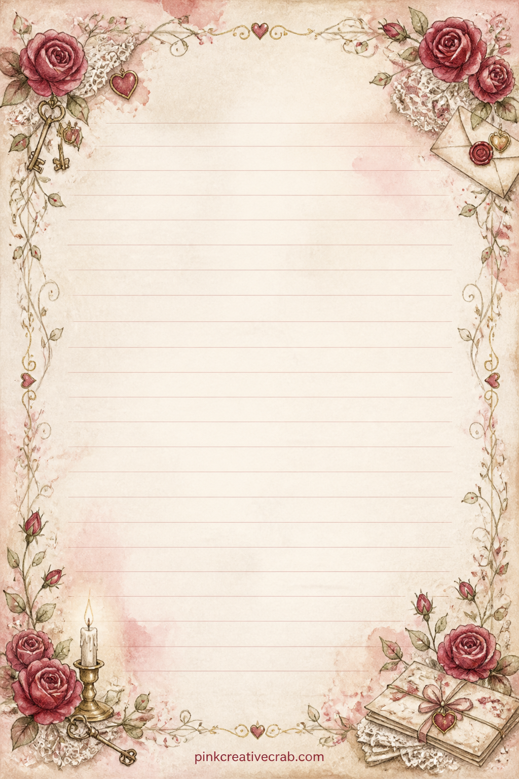 Rose Corner Lined Page printable page — Jot a Valentine's menu, a gift list, or a memory of a rose someone once gave you. Valentines junk journal