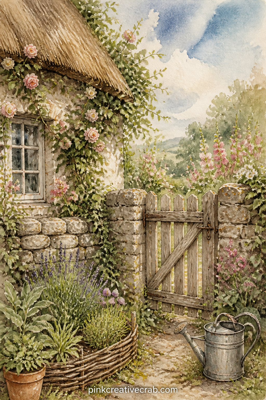 Thatched Roof And Garden Gate printable page — Tuck a pressed flower or a scrap of garden twine along the gate in this one, so the page holds something real
