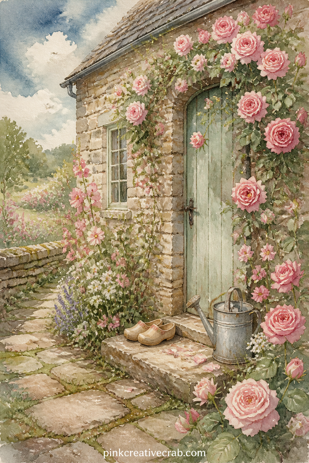 Stone Cottage With Rose Door printable page — Climbing roses frame a weathered front door, with a watering can, a pair of clogs and a mossy stone path rounding
